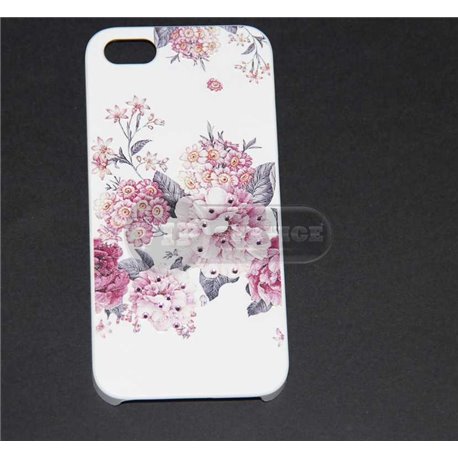 iPhone 5/5S чехол-накладка, цветы крупные, розовые в стразах, пластиковый, белый фон