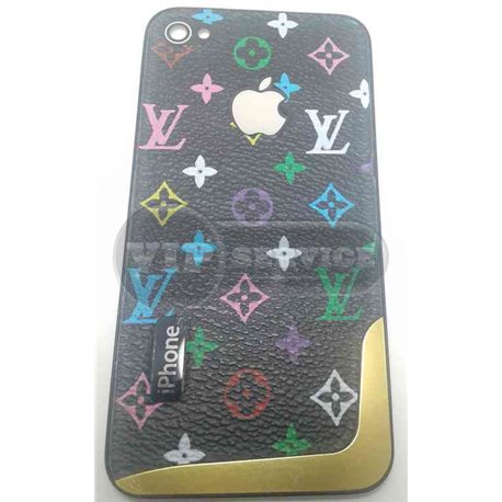 iPhone 4 задняя крышка Louis Vuitton, цветная, черный фон, золотая пластина на торце